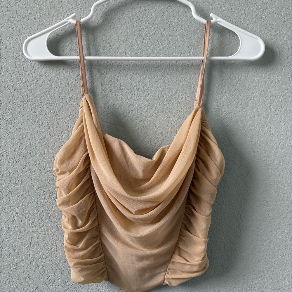 SALTY Women’s Nude Mesh Draped Ribbing Corset Top‎ Sz M EUC Preppy Party City